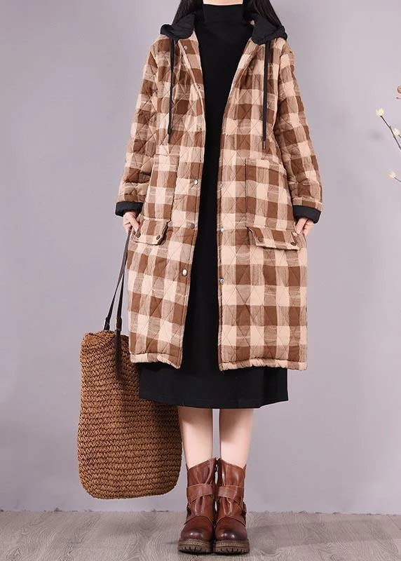 Luxury Oversize Outwear Chocolate Plaid Hooded Pockets Casual Outfit