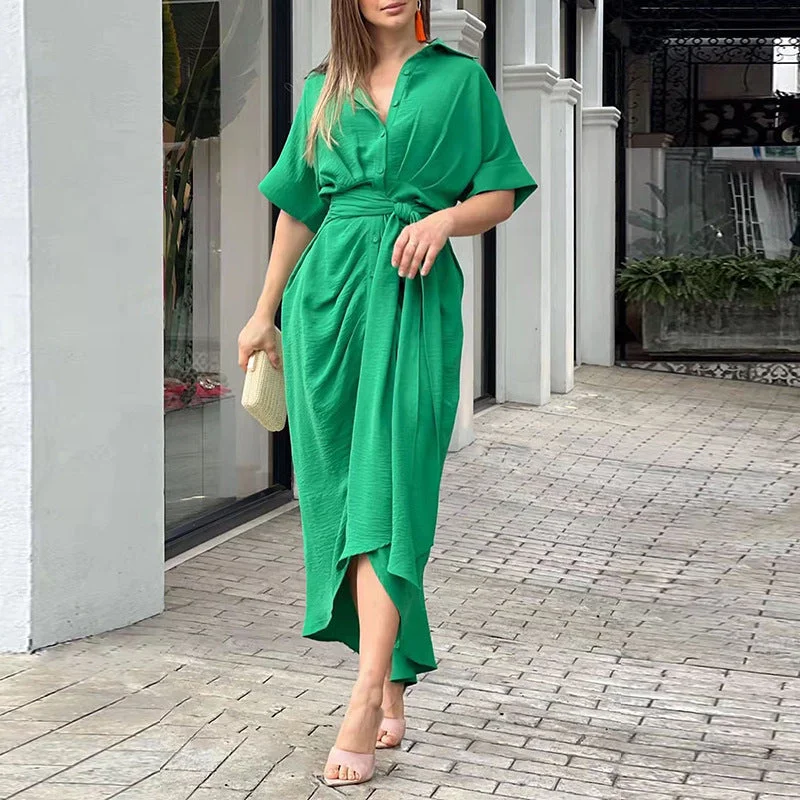 Summer Women Midi Length Shirts Dresses