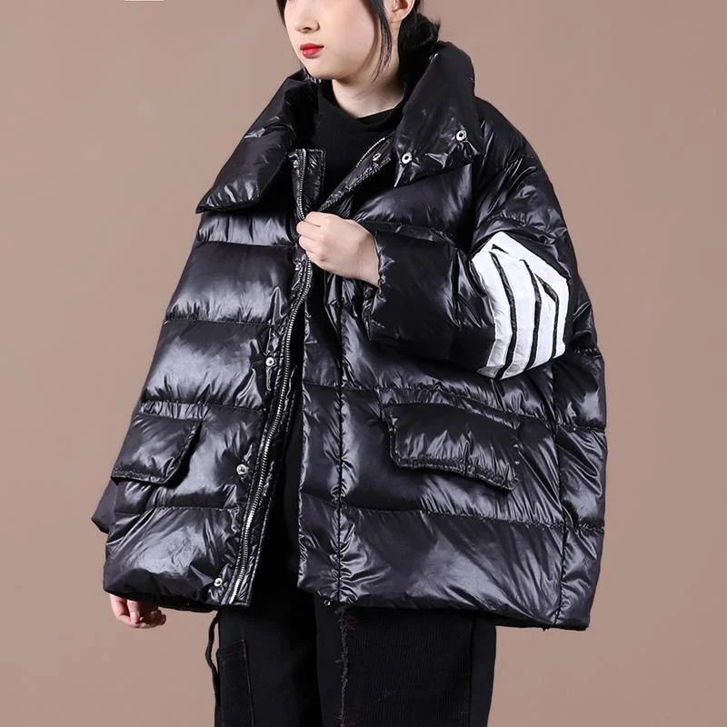 Fine black duck down coat womens parka stand collar zippered New winter outwear