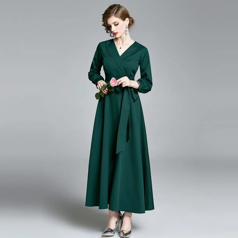 Vintage Elegant Dark Green Belt Long Dresses