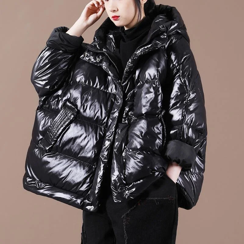 Luxury Black Down Coat Winter Loose-fitting Down Jacket Hooded Zippered Warm Coats