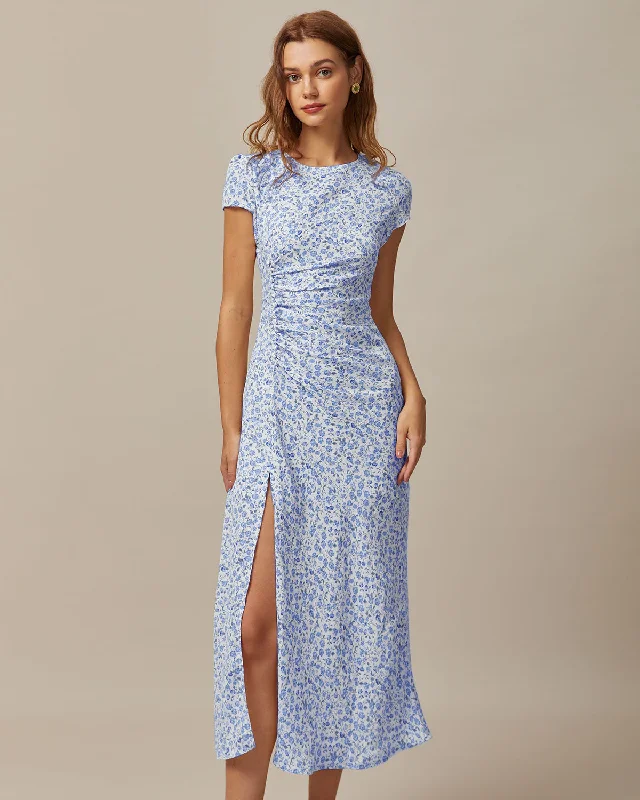 The Blue Round Neck Floral Slit Midi Dress