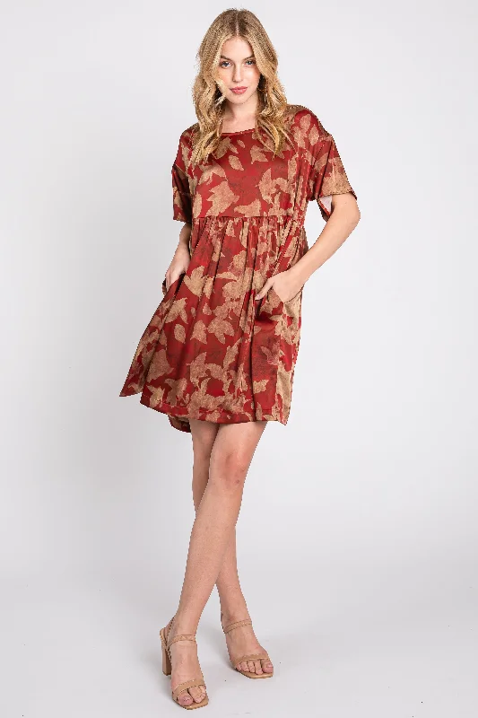 Rust Printed Short Sleeve Pocketed Dress