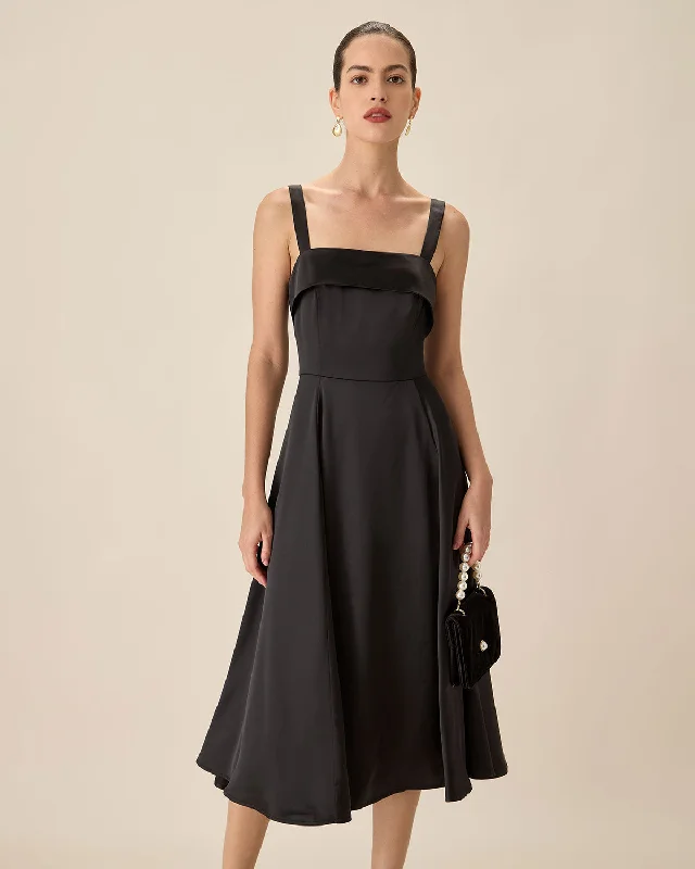 Black Satin Slip Midi Dress