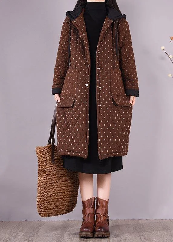 Elegant Chocolate Coat Plus Size Hooded Pockets Outwear