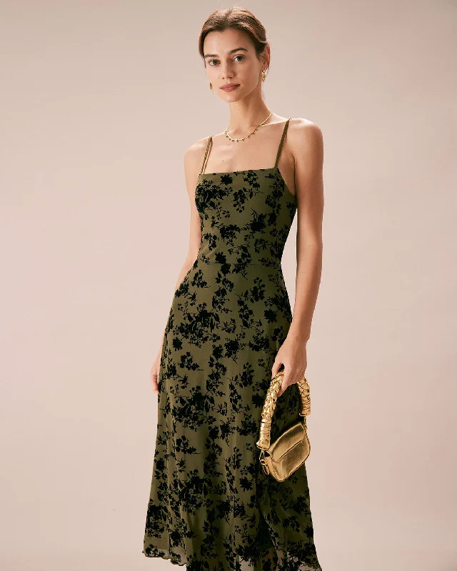 The Green Floral Burnout A-Line Slip Midi Dress