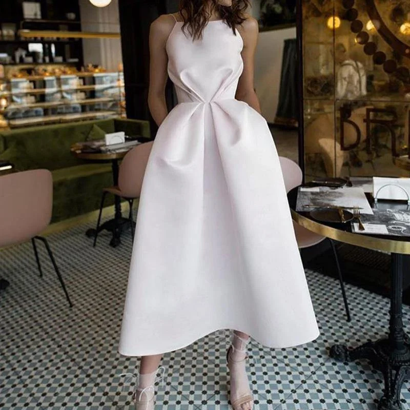 White Sexy Backless Midi Length Dresses