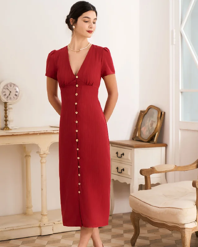 The Red V Neck Shirred Puff Sleeve Midi Dress