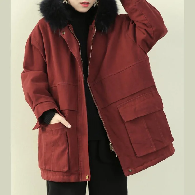 women plus size clothing winter jacket outwear red hooded faux fur collar overcoat