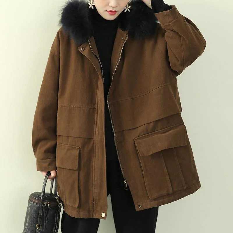 Elegant chocolate winter coats plus size clothing hooded faux fur collar outwear