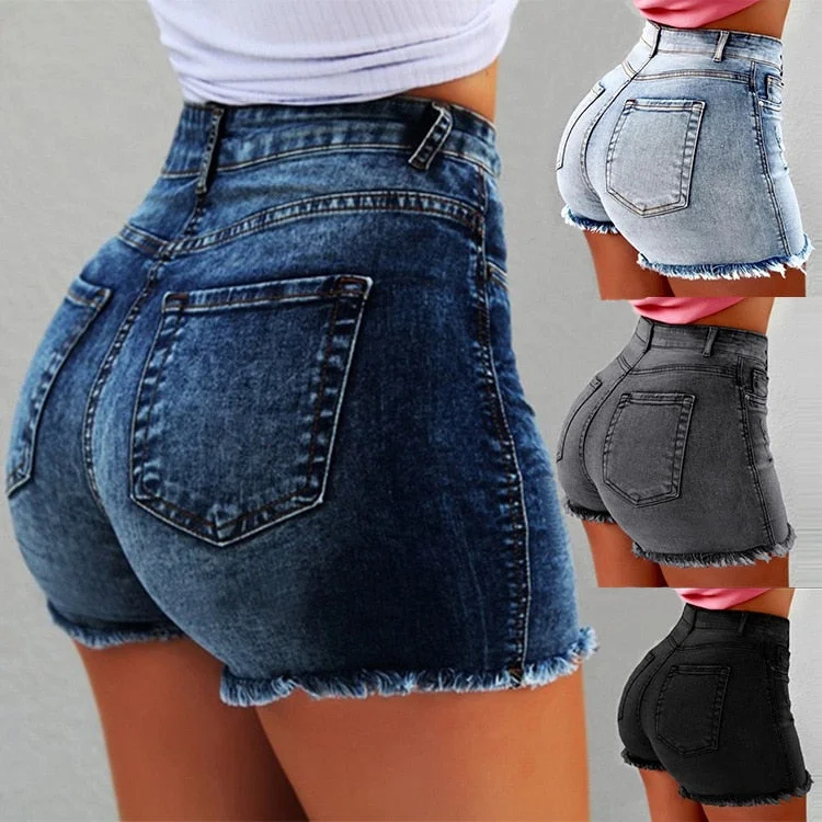 Women High Waist Denim Shorts Ripped Hole Bodycon Short Feminino Summer Shorts Jeans With Tassel Plus size summer streetwear