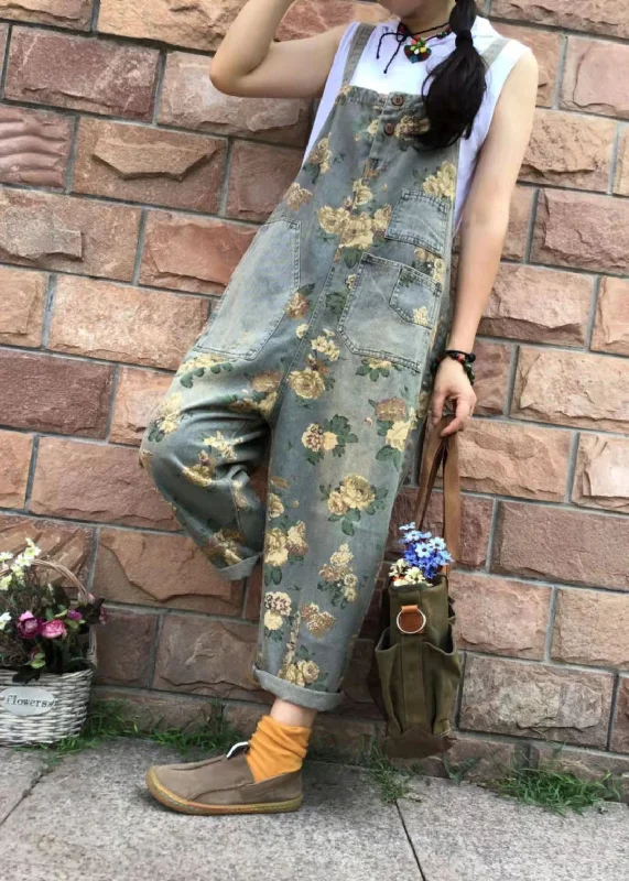 Floral Casual Denim Cotton Jumpsuit Oversized