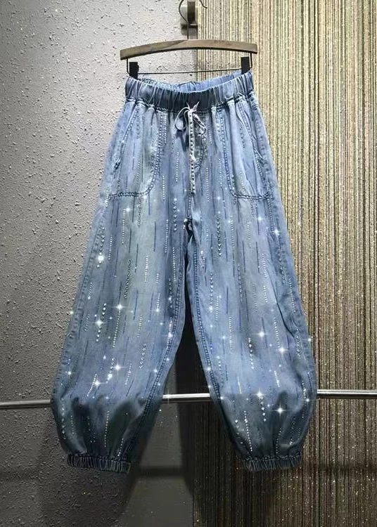 Stylish Blue Pockets Zircon Elastic Waist Denim Pants Summer