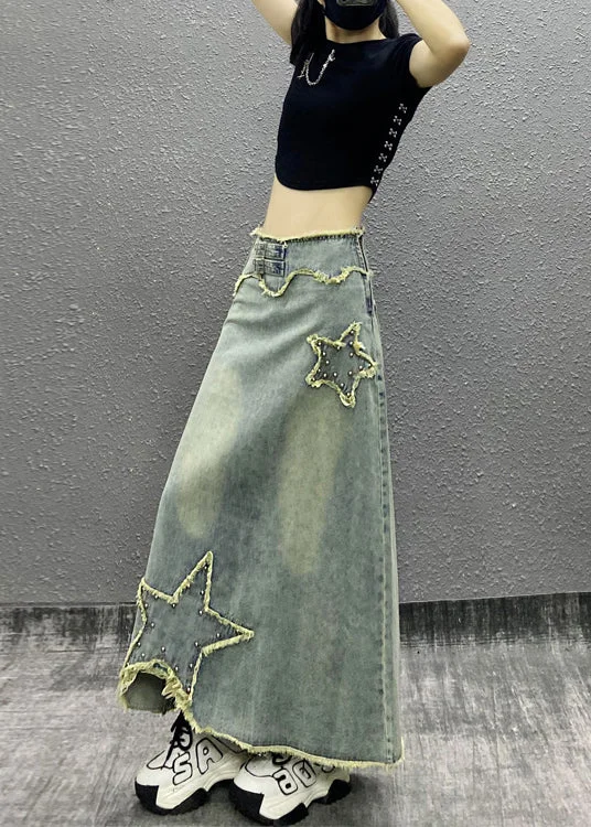 Fashion Blue Tasseled Nail Bead High Waist Denim Skirts Fall