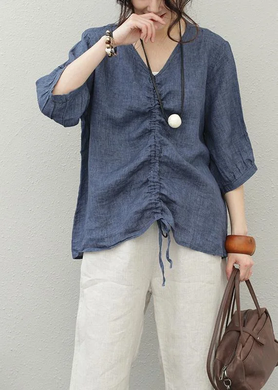 Italian blue cotton Shirts v neck drawstring baggy blouse