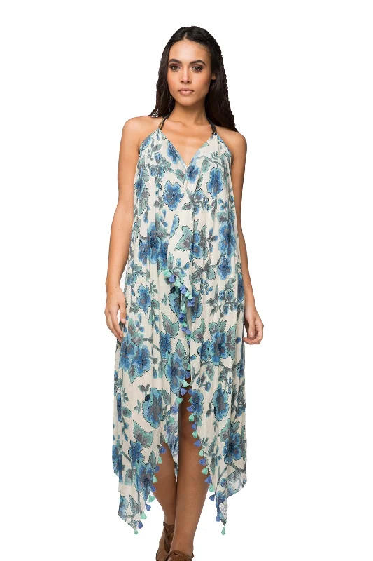 Maxi Halter Sundress Coverup  in Denim Flowers Print