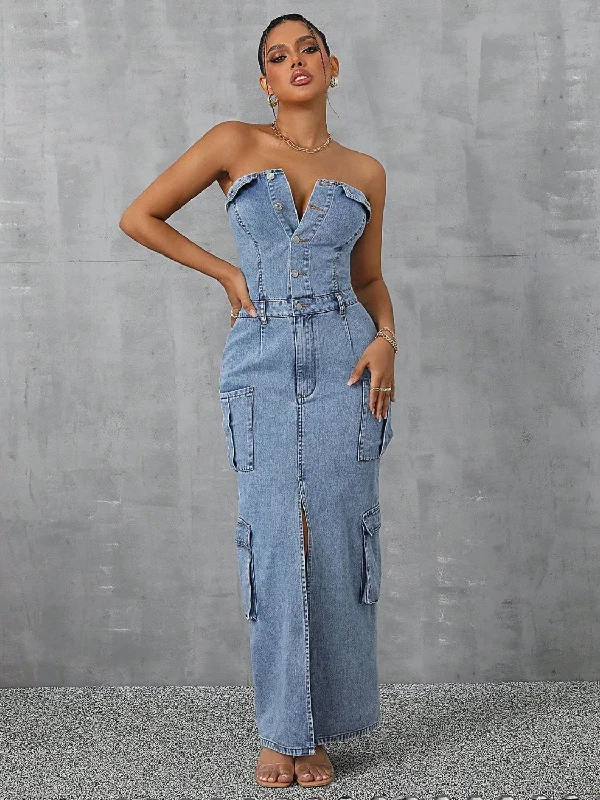 Slit Half Button Tube Denim Dress