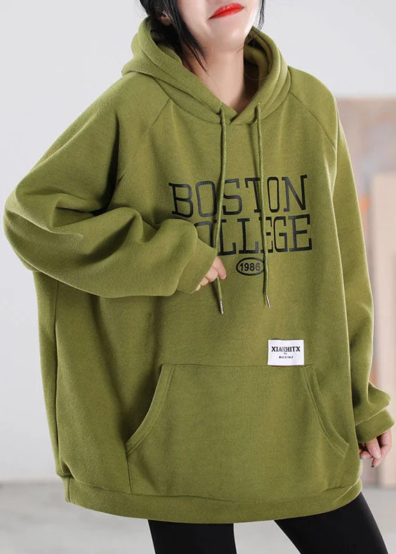 Handmade Green drawstring Graphic Warm Fleece Sweatshirts Tracksuits Winter