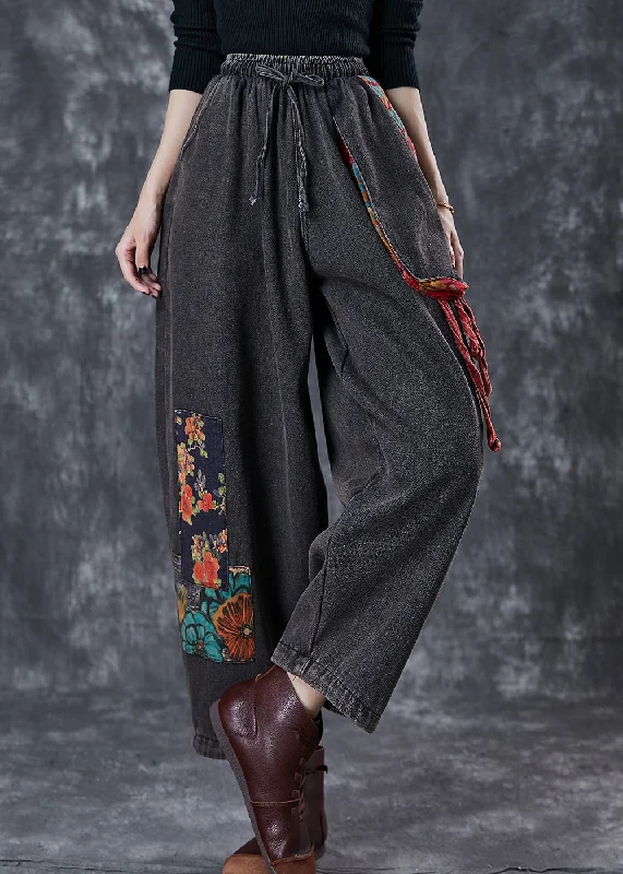 Vintage Black Oversized Patchwork Applique Denim Pants Summer