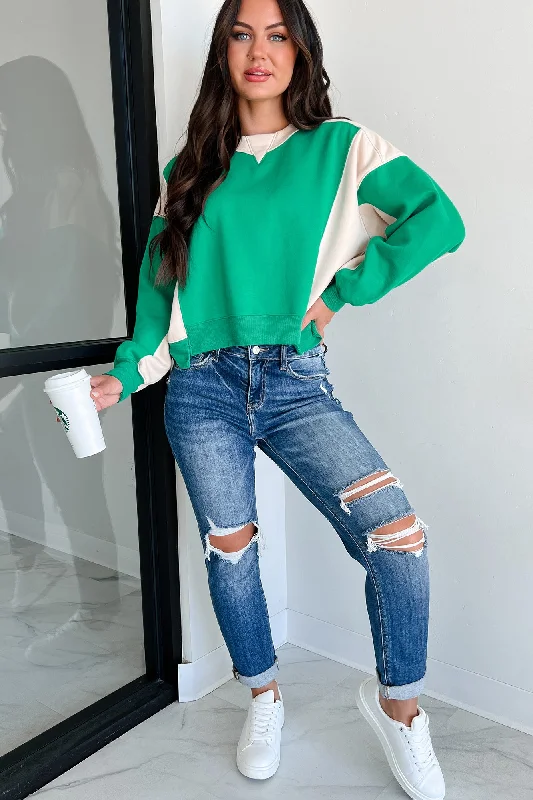 Smile More Colorblock Sweatshirt (Green/Beige)