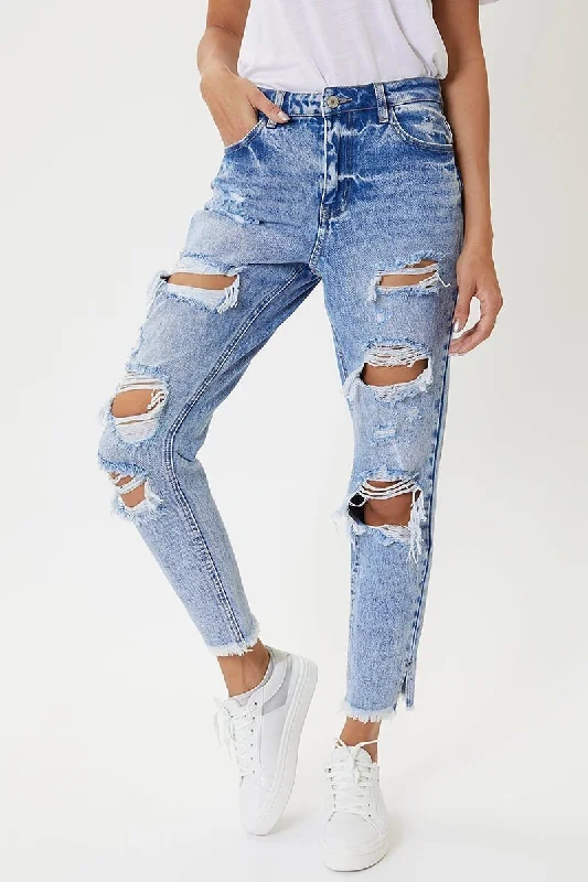 High Rise Fray Hem With Side Split Mom Jean