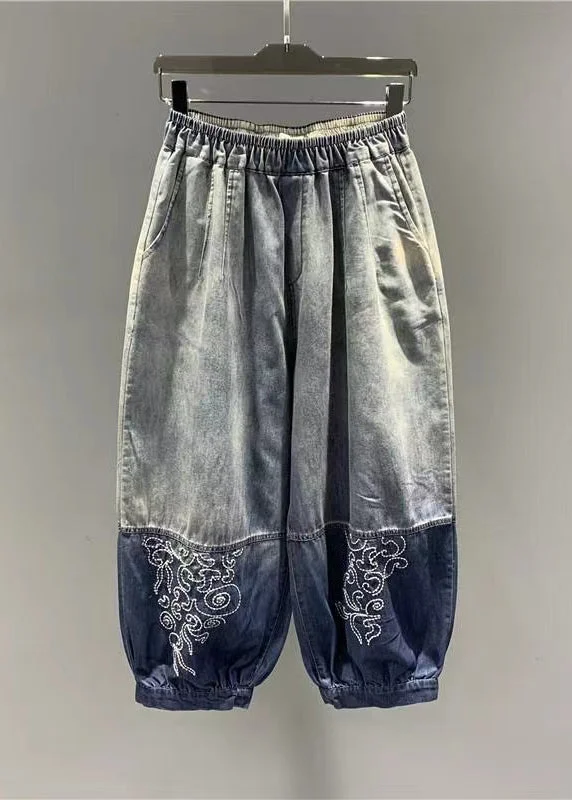 Organic Gradient Color Embroidered Elastic Waist Denim Lantern Pants Summer