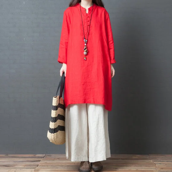 Handmade red linen clothes Metropolitan Museum Work long sleeve shift side open Dress