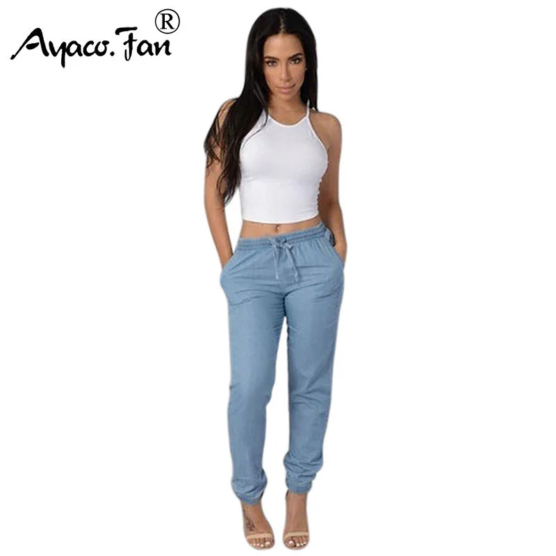 Plus Size Women Solid Drawstring Elastic Waist Jeans Harem Pants Ladies Casual Middle Waist Denim Trousers Long Pencil Pants New