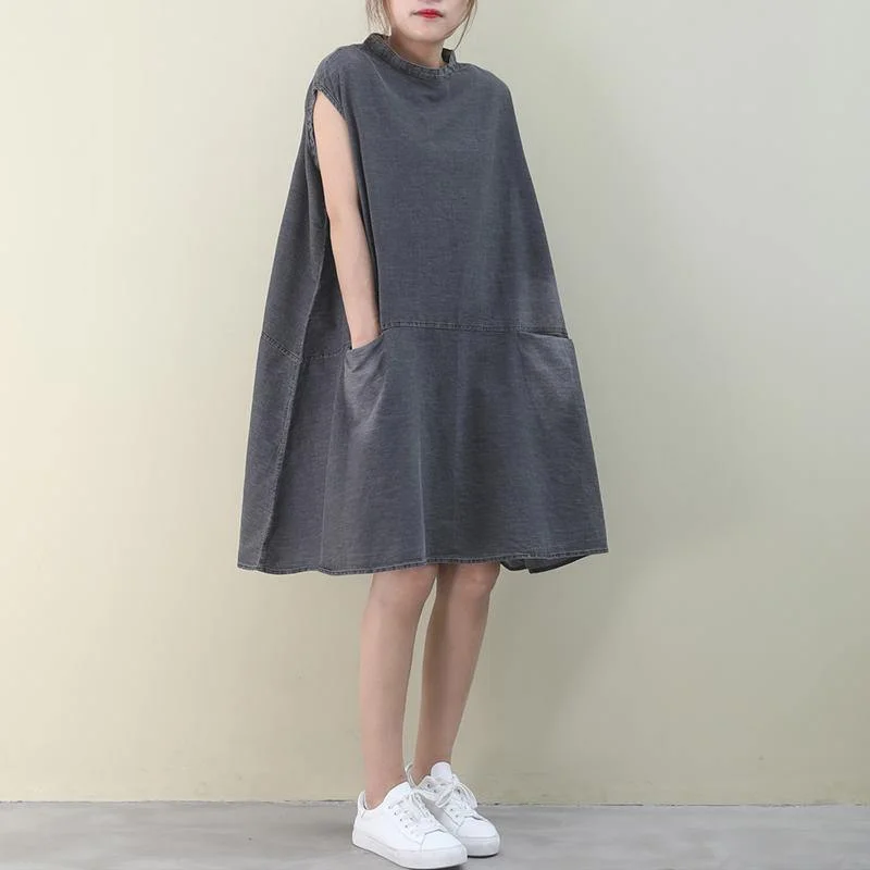 DIY o neck sleeveless Cotton outfit denim gray Dress