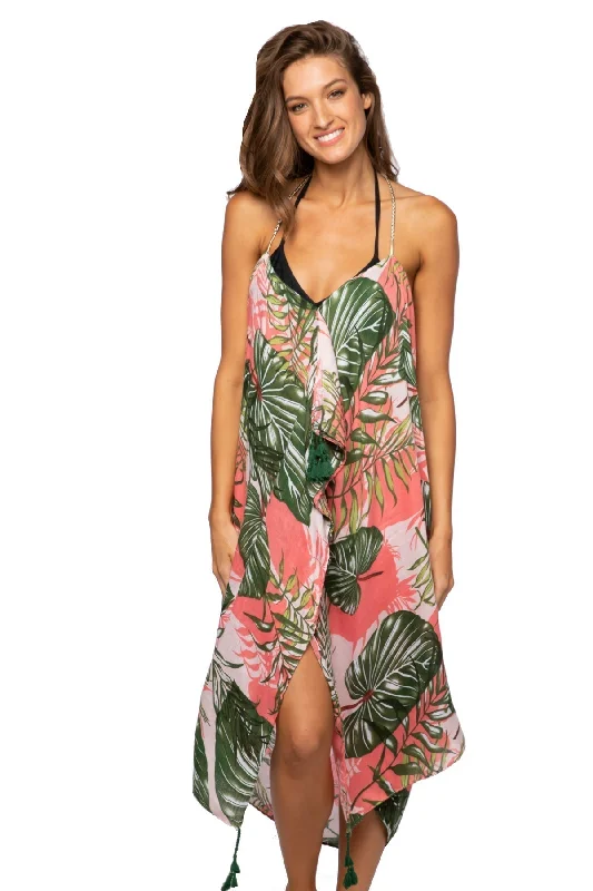 Maxi Halter Sundress Coverup  in Pink Palms Print