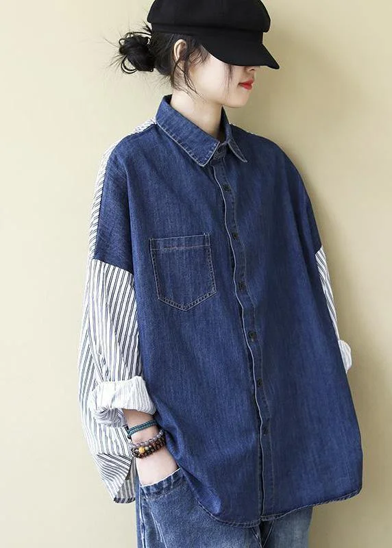 Organic Patchwork Shirts Women Denim Blue Tops