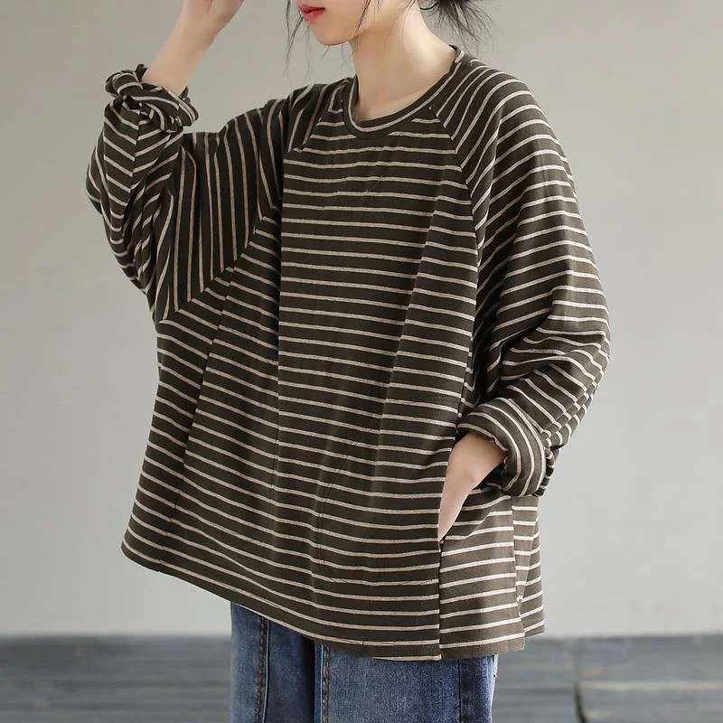 Loose Striped cotton Spring Clothes design Chocolate shirt