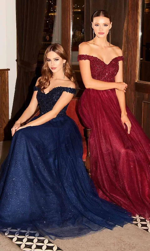 Cinderella Divine - Lace Off Shoulder Prom Gown CD0177 - 1 pc Burgundy In Size L Available