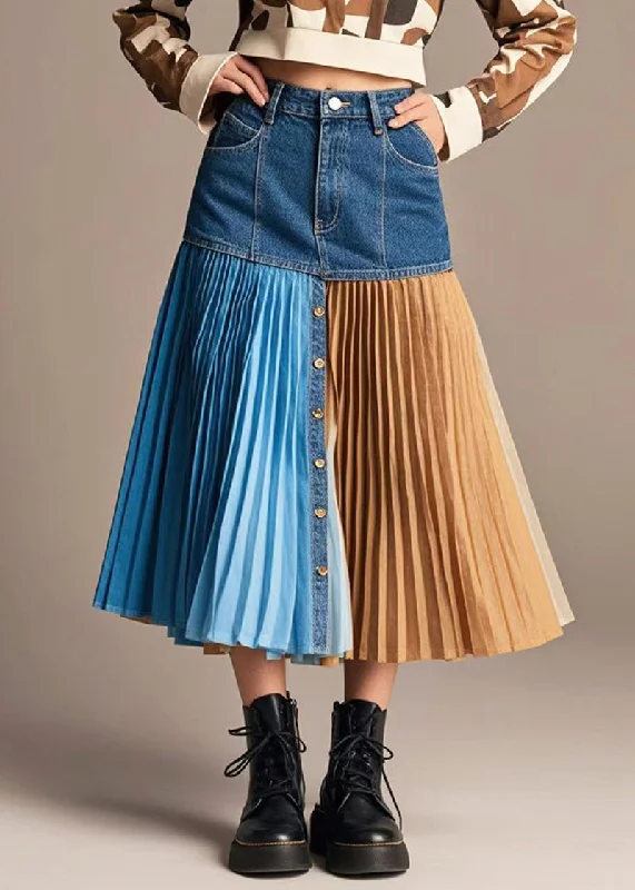 French Navy Asymmetrical Patchwork Denim Pleated Skirt Fall