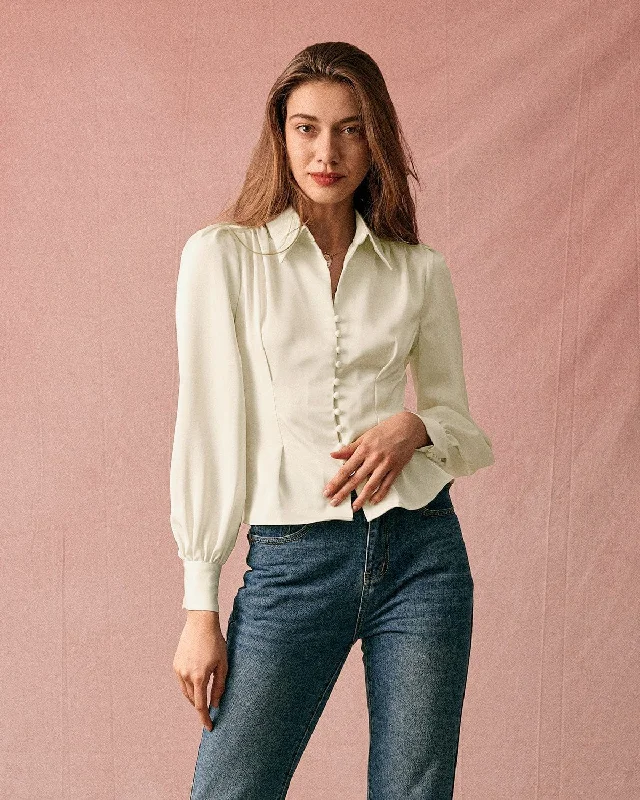 The Solid Collared Puff Sleeve Satin Blouse