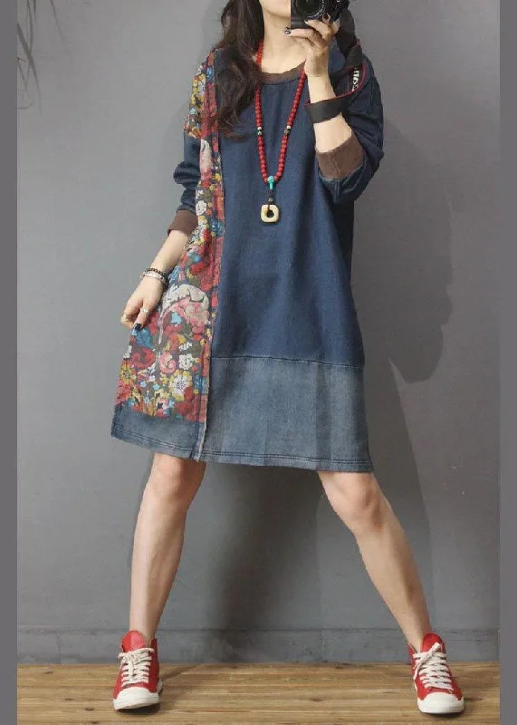 Women Denim Patchwork Cotton Dress Print Summer Long Dress