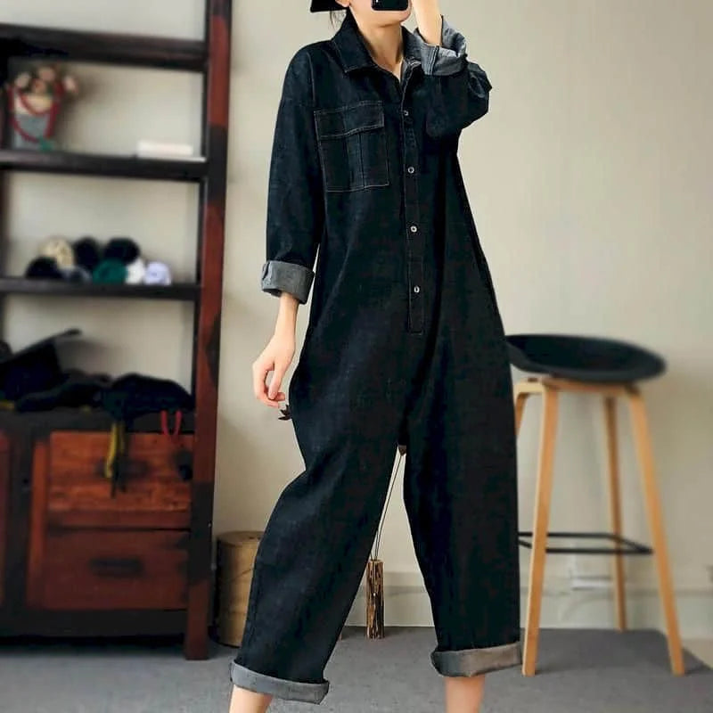 Oversized Denim Jumpsuit Suit Women Blue Denim Long Sleeve Playsuits High Waist New Fashion Tops Casual One Piece Outfit Women