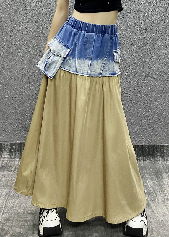 Unique Light Yellow Denim Patchwork Elastic Waist Pockets Skirt Summer