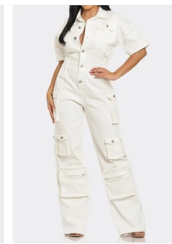 Night life white denim jumpsuit