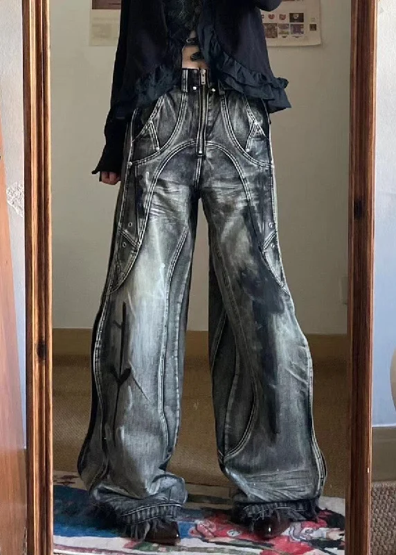 Unique Zip Up Pockets Original Design Neutral Denim Pants Fall