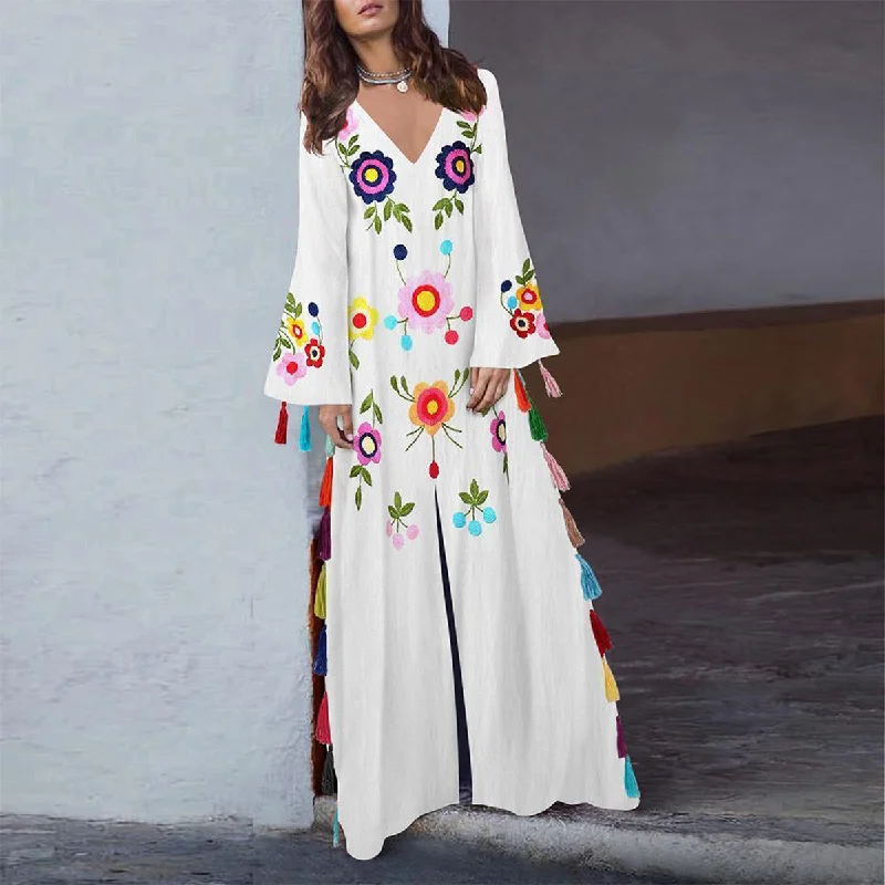 White Floral Print Split Front Boho Long Dresses