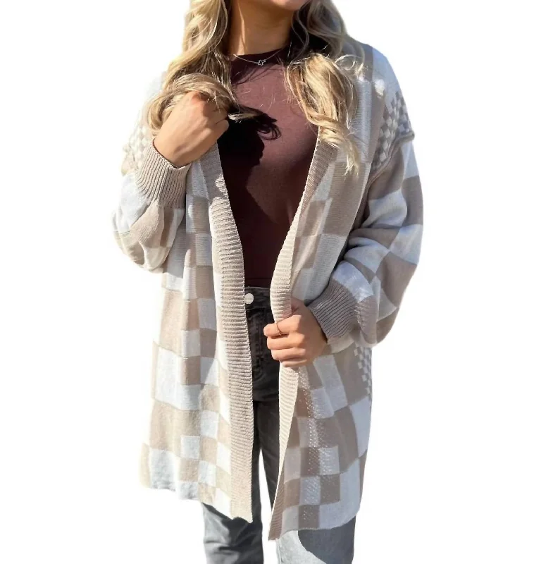 Checkerboard Loose Fit Cardigan In Latte