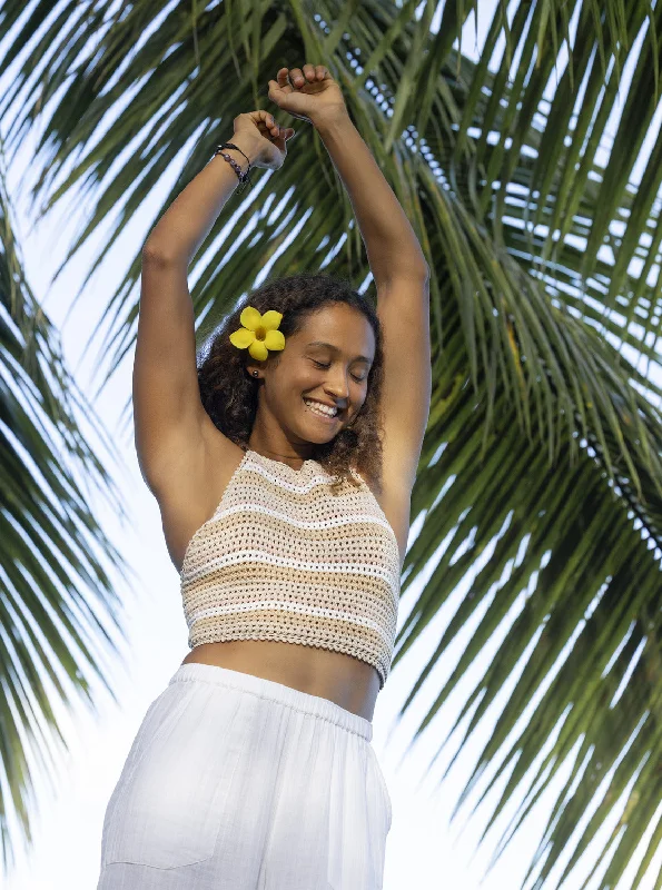 Daydreamer Cropped Knit Halter Top - Tapioca Every Day Stripe