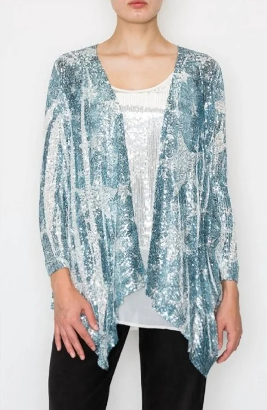 Denim Star Sequin Cardigan In Blue