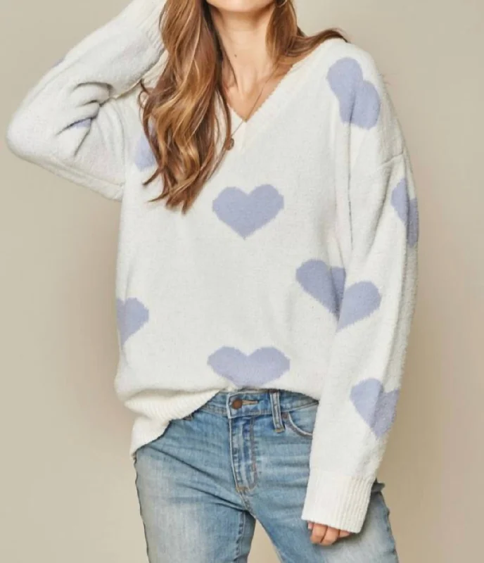 Heart Sweater In Ivory/placid Blue