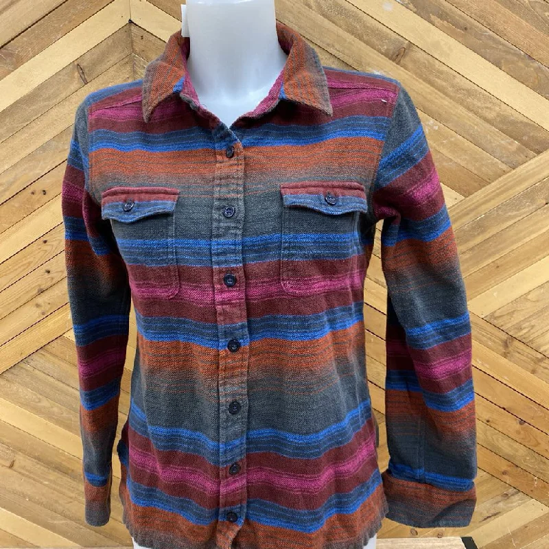 Patagonia - Women's Striped Flannel Button Down Shirt - MSRP $125: Grey/Pink/Orange/Blue-women-4