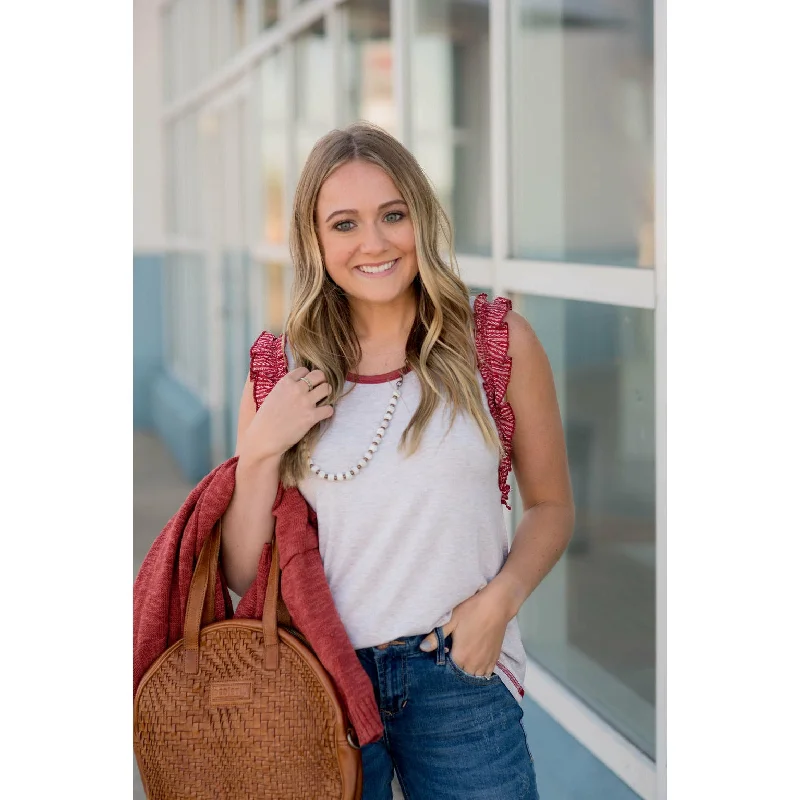 Printed Ruffle Sleeve Solid Trimmed Heathered Tank