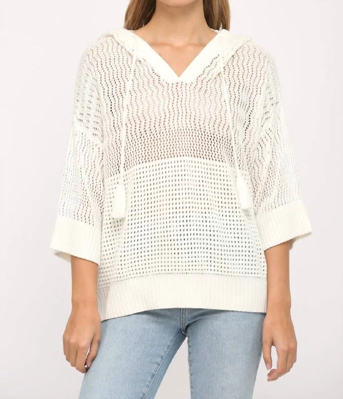 Tassel Tie V-Neck Open Weave Hooded Sweater In Off White