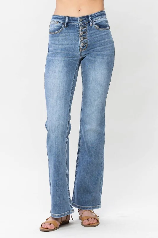 Dare To Flare Button Fly Bootcut Jeans In Blue