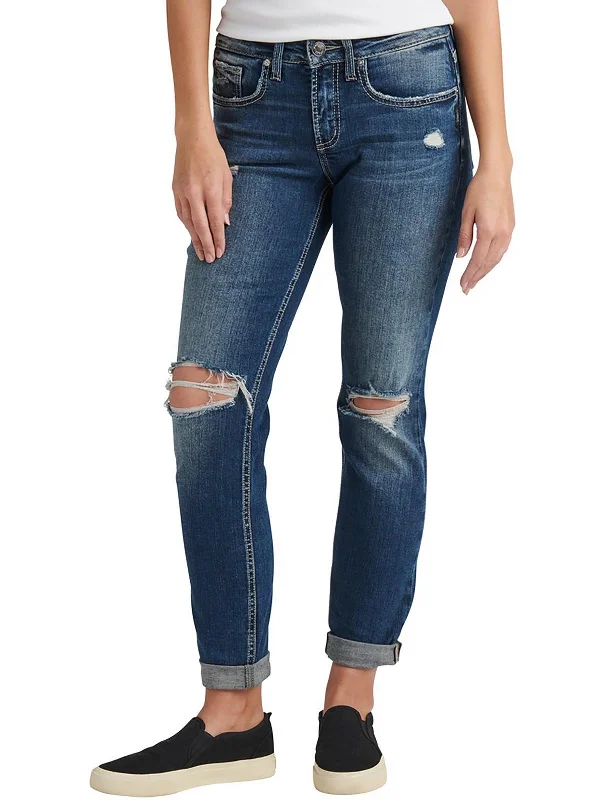 Womens Mid-Rise Destroyed Boyfriend Jeans